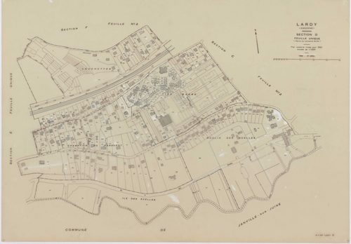 LARDY, plans minutes de conservation : tableau d'assemblage, 1950, Ech. 1/10000 ; plans des sections A1, B, 1950, Ech. 1/2500, sections A2, A3, A4, C1, C2, D, E, F2, G, H1, H2, 1950, Ech. 1/1250, section ZA, 1989, Ech. 1/2000. Polyester. N et B. Dim. 105 