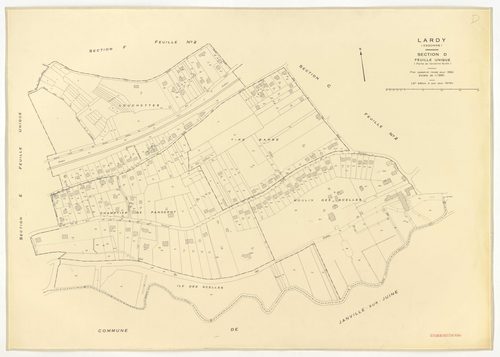 Plans minutes de conservation : LARDY : tableau d'assemblage, ech. 1/10000 (1950-1979) ; sections A1, B, ech. 1/2500 (1950), sections A2, A3, A4, C1, C2, D, E, F1, F2, G, H1, H2, ech. 1/1250 (1950), NB, papier, 105x80 [15 plans]. 