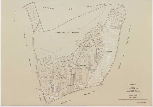 LARDY, plans minutes de conservation : tableau d'assemblage, 1950, Ech. 1/10000 ; plans des sections A1, B, 1950, Ech. 1/2500, sections A2, A3, A4, C1, C2, D, E, F2, G, H1, H2, 1950, Ech. 1/1250, section ZA, 1989, Ech. 1/2000. Polyester. N et B. Dim. 105 