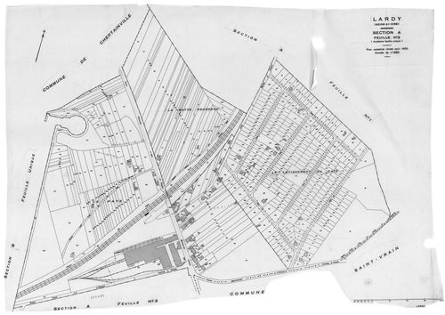 LARDY. - Cadastre révisé pour 1950 : plan du tableau d'assemblage, plans de la section A 1ère feuille, idem 2ème feuille, idem 3ème feuille, section B, section C 1ère feuille, idem 2ème feuille, section D, section E, section F 1ère feuille, idem 2ème feui
