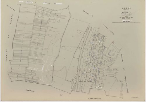 LARDY, plans minutes de conservation : tableau d'assemblage, 1950, Ech. 1/10000 ; plans des sections A1, B, 1950, Ech. 1/2500, sections A2, A3, A4, C1, C2, D, E, F2, G, H1, H2, 1950, Ech. 1/1250, section ZA, 1989, Ech. 1/2000. Polyester. N et B. Dim. 105 