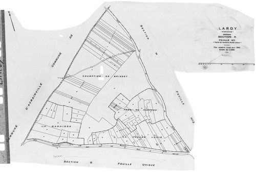 LARDY. - Cadastre révisé pour 1950 : plan du tableau d'assemblage, plans de la section A 1ère feuille, idem 2ème feuille, idem 3ème feuille, section B, section C 1ère feuille, idem 2ème feuille, section D, section E, section F 1ère feuille, idem 2ème feui