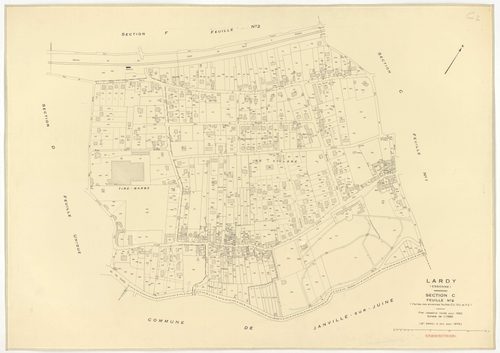 Plans minutes de conservation : LARDY : tableau d'assemblage, ech. 1/10000 (1950-1979) ; sections A1, B, ech. 1/2500 (1950), sections A2, A3, A4, C1, C2, D, E, F1, F2, G, H1, H2, ech. 1/1250 (1950), NB, papier, 105x80 [15 plans]. 