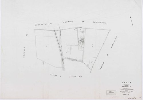 LARDY, plans minutes de conservation : tableau d'assemblage, 1950, Ech. 1/10000 ; plans des sections A1, B, 1950, Ech. 1/2500, sections A2, A3, A4, C1, C2, D, E, F2, G, H1, H2, 1950, Ech. 1/1250, section ZA, 1989, Ech. 1/2000. Polyester. N et B. Dim. 105 