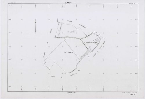LARDY, plans minutes de conservation : tableau d'assemblage, 1950, Ech. 1/10000 ; plans des sections A1, B, 1950, Ech. 1/2500, sections A2, A3, A4, C1, C2, D, E, F2, G, H1, H2, 1950, Ech. 1/1250, section ZA, 1989, Ech. 1/2000. Polyester. N et B. Dim. 105 