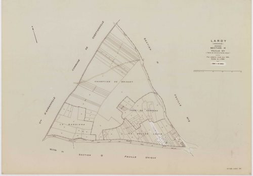 LARDY, plans minutes de conservation : tableau d'assemblage, 1950, Ech. 1/10000 ; plans des sections A1, B, 1950, Ech. 1/2500, sections A2, A3, A4, C1, C2, D, E, F2, G, H1, H2, 1950, Ech. 1/1250, section ZA, 1989, Ech. 1/2000. Polyester. N et B. Dim. 105 