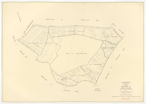 Plans minutes de conservation : LARDY : tableau d'assemblage, ech. 1/10000 (1950-1979) ; sections A1, B, ech. 1/2500 (1950), sections A2, A3, A4, C1, C2, D, E, F1, F2, G, H1, H2, ech. 1/1250 (1950), NB, papier, 105x80 [15 plans]. 