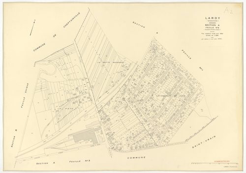 Plans minutes de conservation : LARDY : tableau d'assemblage, ech. 1/10000 (1950-1979) ; sections A1, B, ech. 1/2500 (1950), sections A2, A3, A4, C1, C2, D, E, F1, F2, G, H1, H2, ech. 1/1250 (1950), NB, papier, 105x80 [15 plans]. 
