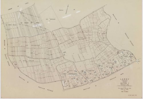 LARDY, plans minutes de conservation : tableau d'assemblage, 1950, Ech. 1/10000 ; plans des sections A1, B, 1950, Ech. 1/2500, sections A2, A3, A4, C1, C2, D, E, F2, G, H1, H2, 1950, Ech. 1/1250, section ZA, 1989, Ech. 1/2000. Polyester. N et B. Dim. 105 