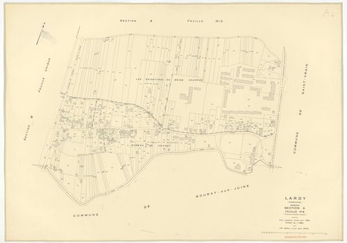 Plans minutes de conservation : LARDY : tableau d'assemblage, ech. 1/10000 (1950-1979) ; sections A1, B, ech. 1/2500 (1950), sections A2, A3, A4, C1, C2, D, E, F1, F2, G, H1, H2, ech. 1/1250 (1950), NB, papier, 105x80 [15 plans]. 