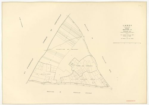 Plans minutes de conservation : LARDY : tableau d'assemblage, ech. 1/10000 (1950-1979) ; sections A1, B, ech. 1/2500 (1950), sections A2, A3, A4, C1, C2, D, E, F1, F2, G, H1, H2, ech. 1/1250 (1950), NB, papier, 105x80 [15 plans]. 