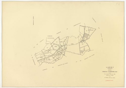 Plans minutes de conservation : LARDY : tableau d'assemblage, ech. 1/10000 (1950-1979) ; sections A1, B, ech. 1/2500 (1950), sections A2, A3, A4, C1, C2, D, E, F1, F2, G, H1, H2, ech. 1/1250 (1950), NB, papier, 105x80 [15 plans]. 