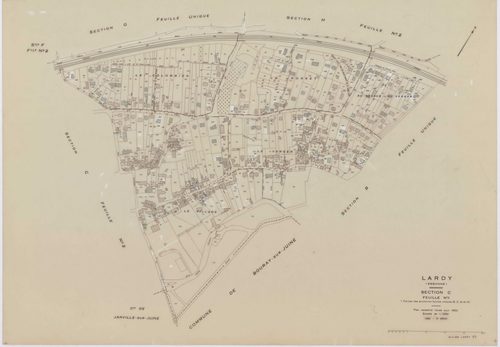 LARDY, plans minutes de conservation : tableau d'assemblage, 1950, Ech. 1/10000 ; plans des sections A1, B, 1950, Ech. 1/2500, sections A2, A3, A4, C1, C2, D, E, F2, G, H1, H2, 1950, Ech. 1/1250, section ZA, 1989, Ech. 1/2000. Polyester. N et B. Dim. 105 