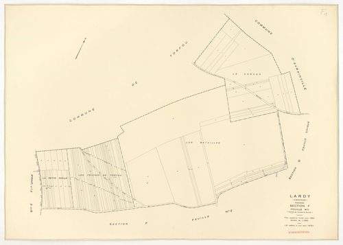 Plans minutes de conservation : LARDY : tableau d'assemblage, ech. 1/10000 (1950-1979) ; sections A1, B, ech. 1/2500 (1950), sections A2, A3, A4, C1, C2, D, E, F1, F2, G, H1, H2, ech. 1/1250 (1950), NB, papier, 105x80 [15 plans]. 