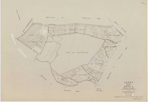 LARDY, plans minutes de conservation : tableau d'assemblage, 1950, Ech. 1/10000 ; plans des sections A1, B, 1950, Ech. 1/2500, sections A2, A3, A4, C1, C2, D, E, F2, G, H1, H2, 1950, Ech. 1/1250, section ZA, 1989, Ech. 1/2000. Polyester. N et B. Dim. 105 