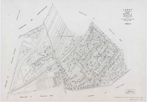 LARDY, plans minutes de conservation : tableau d'assemblage, 1950, Ech. 1/10000 ; plans des sections A1, B, 1950, Ech. 1/2500, sections A2, A3, A4, C1, C2, D, E, F2, G, H1, H2, 1950, Ech. 1/1250, section ZA, 1989, Ech. 1/2000. Polyester. N et B. Dim. 105 