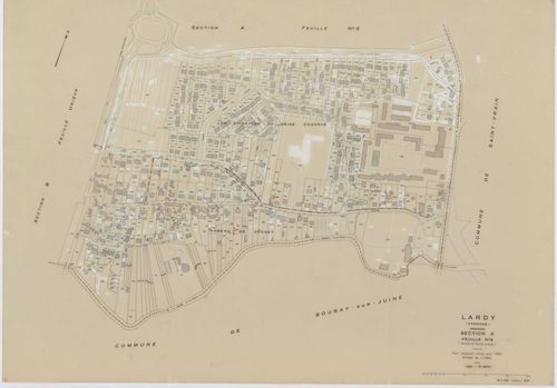 LARDY, plans minutes de conservation : tableau d'assemblage, 1950, Ech. 1/10000 ; plans des sections A1, B, 1950, Ech. 1/2500, sections A2, A3, A4, C1, C2, D, E, F2, G, H1, H2, 1950, Ech. 1/1250, section ZA, 1989, Ech. 1/2000. Polyester. N et B. Dim. 105 