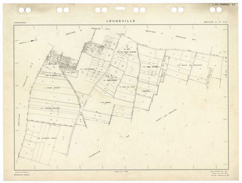 LEUDEVILLE, plans minutes de conservation : tableau d'assemblage,1954, Ech. 1/10000 ; plans des sections A1, 1935, Ech. 1/2500, section A4, 1935, Ech. 1/1250, sections Y1, Y2, Z1, Z2, 1954, Ech. 1/2500, section YA, 1972, Ech. 1/2000. Polyester. N et B. Di