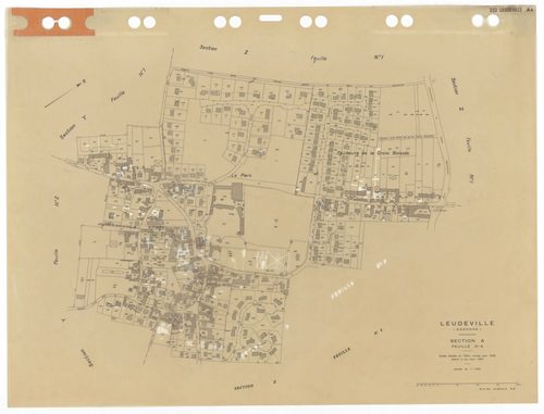 LEUDEVILLE, plans minutes de conservation : tableau d'assemblage,1954, Ech. 1/10000 ; plans des sections A1, 1935, Ech. 1/2500, section A4, 1935, Ech. 1/1250, sections Y1, Y2, Z1, Z2, 1954, Ech. 1/2500, section YA, 1972, Ech. 1/2000. Polyester. N et B. Di