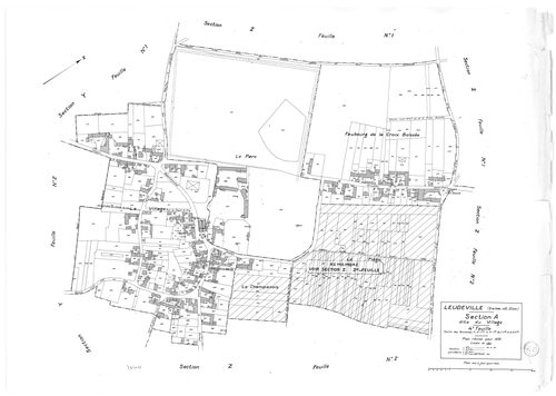 LEUDEVILLE. - Cadastre révisé pour 1935 : plan du tableau d'assemblage ; cadastre révisé pour 1935 mis à jour pour 1954 : plan de la section A le Village 4ème feuille ; cadastre renouvelé pour 1954 : plan de la section Y, [3 plans]. 