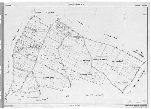 LEUDEVILLE. - Cadastre révisé pour 1935 : plan du tableau d'assemblage ; cadastre révisé pour 1935 mis à jour pour 1954 : plan de la section A le Village 4ème feuille ; cadastre renouvelé pour 1954 : plan de la section Y, [3 plans]. 