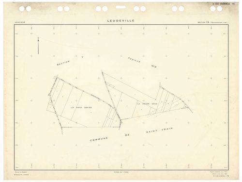 LEUDEVILLE, plans minutes de conservation : tableau d'assemblage,1954, Ech. 1/10000 ; plans des sections A1, 1935, Ech. 1/2500, section A4, 1935, Ech. 1/1250, sections Y1, Y2, Z1, Z2, 1954, Ech. 1/2500, section YA, 1972, Ech. 1/2000. Polyester. N et B. Di