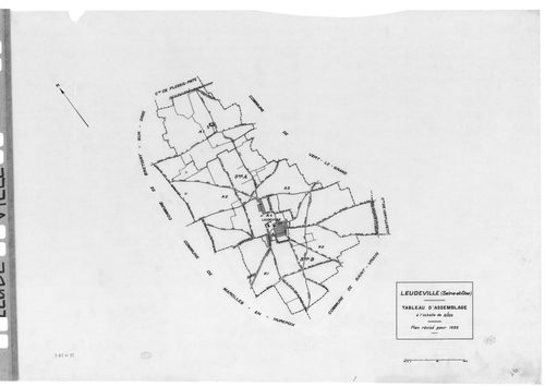 LEUDEVILLE. - Cadastre révisé pour 1935 : plan du tableau d'assemblage ; cadastre révisé pour 1935 mis à jour pour 1954 : plan de la section A le Village 4ème feuille ; cadastre renouvelé pour 1954 : plan de la section Y, [3 plans]. 
