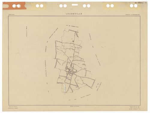 LEUDEVILLE, plans minutes de conservation : tableau d'assemblage,1954, Ech. 1/10000 ; plans des sections A1, 1935, Ech. 1/2500, section A4, 1935, Ech. 1/1250, sections Y1, Y2, Z1, Z2, 1954, Ech. 1/2500, section YA, 1972, Ech. 1/2000. Polyester. N et B. Di