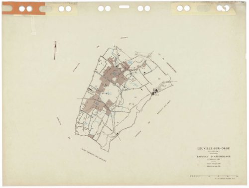 LEUVILLE-SUR-ORGE, plans minutes de conservation : tableau d'assemblage,1936, Ech. 1/5000 ; plans des sections Cu, A, B1, B2, B3, 1936, Ech. 1/1250, sections AA, AB, AC, AD, AE, 2002, Ech. 1/1000. Polyester. N et B. Dim. 105 x 80 cm [11 plans]. 