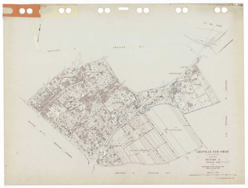 LEUVILLE-SUR-ORGE, plans minutes de conservation : tableau d'assemblage,1936, Ech. 1/5000 ; plans des sections Cu, A, B1, B2, B3, 1936, Ech. 1/1250, sections AA, AB, AC, AD, AE, 2002, Ech. 1/1000. Polyester. N et B. Dim. 105 x 80 cm [11 plans]. 