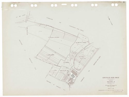 LEUVILLE-SUR-ORGE, plans minutes de conservation : tableau d'assemblage,1936, Ech. 1/5000 ; plans des sections Cu, A, B1, B2, B3, 1936, Ech. 1/1250, sections AA, AB, AC, AD, AE, 2002, Ech. 1/1000. Polyester. N et B. Dim. 105 x 80 cm [11 plans]. 