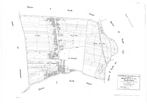 LEUVILLE-SUR-ORGE .- Cadastre révisé pour 1936 : plan du tableau d'assemblage, plans de la section A les Sauvages, section C la Rue Glatigny, section D le Parc ; cadastre révisé pour 1936 mis à jour pour 1968 : plan de la section A les Sauvages ; cadastre