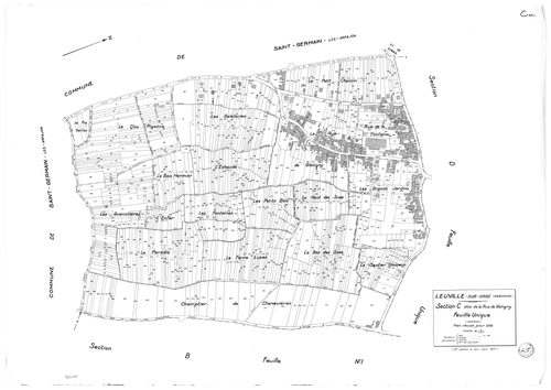 LEUVILLE-SUR-ORGE .- Cadastre révisé pour 1936 : plan du tableau d'assemblage, plans de la section A les Sauvages, section C la Rue Glatigny, section D le Parc ; cadastre révisé pour 1936 mis à jour pour 1968 : plan de la section A les Sauvages ; cadastre