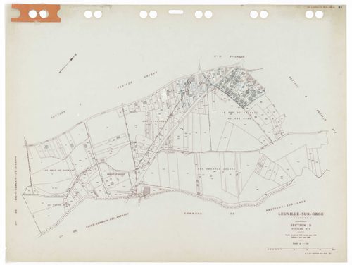 LEUVILLE-SUR-ORGE, plans minutes de conservation : tableau d'assemblage,1936, Ech. 1/5000 ; plans des sections Cu, A, B1, B2, B3, 1936, Ech. 1/1250, sections AA, AB, AC, AD, AE, 2002, Ech. 1/1000. Polyester. N et B. Dim. 105 x 80 cm [11 plans]. 