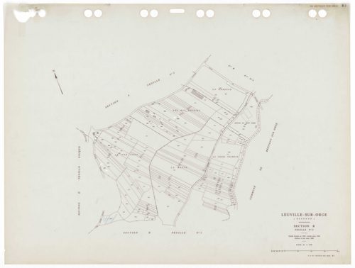 LEUVILLE-SUR-ORGE, plans minutes de conservation : tableau d'assemblage,1936, Ech. 1/5000 ; plans des sections Cu, A, B1, B2, B3, 1936, Ech. 1/1250, sections AA, AB, AC, AD, AE, 2002, Ech. 1/1000. Polyester. N et B. Dim. 105 x 80 cm [11 plans]. 