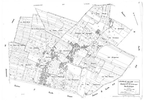 LEUVILLE-SUR-ORGE .- Cadastre révisé pour 1936 : plan du tableau d'assemblage, plans de la section A les Sauvages, section C la Rue Glatigny, section D le Parc ; cadastre révisé pour 1936 mis à jour pour 1968 : plan de la section A les Sauvages ; cadastre