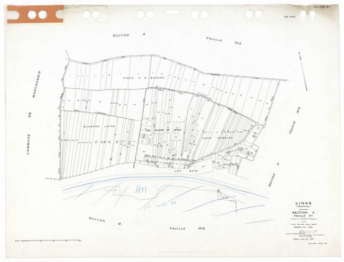LINAS, plans minutes de conservation : tableau d'assemblage,1947, Ech. 1/10000 ; plans des sections A1, A2, A3, B3, B4, C1, 1947, Ech. 1/1250, section D1, 1947, Ech. 1/2500, section D2, 1947, Ech. 1/5000, sections AA, AB, AC, AD, AE, AH, 1999, Ech. 1/1000
