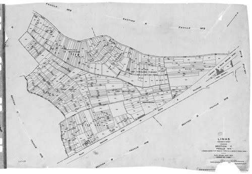 LINAS. -Cadastre révisé pour 1947 : plan du tableau d'assemblage, plans de la section A 1ère feuille, idem 2ème feuille, idem 3ème feuille, section B 1ère feuille, idem 2ème feuille, idem 3ème feuille, idem 4ème feuille, idem 5ème feuille, section C 1ère 