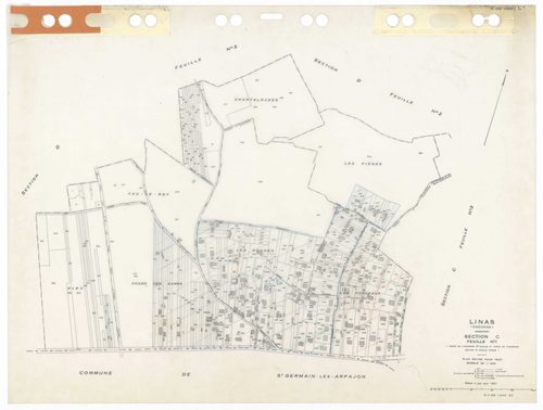 LINAS, plans minutes de conservation : tableau d'assemblage,1947, Ech. 1/10000 ; plans des sections A1, A2, A3, B3, B4, C1, 1947, Ech. 1/1250, section D1, 1947, Ech. 1/2500, section D2, 1947, Ech. 1/5000, sections AA, AB, AC, AD, AE, AH, 1999, Ech. 1/1000