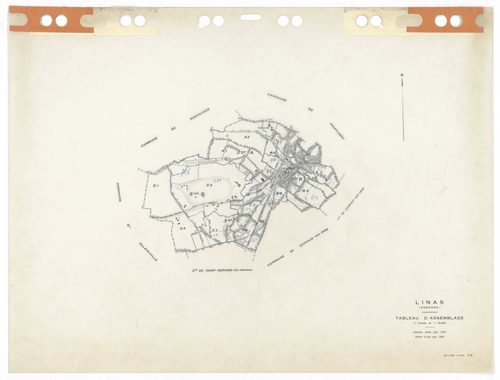 LINAS, plans minutes de conservation : tableau d'assemblage,1947, Ech. 1/10000 ; plans des sections A1, A2, A3, B3, B4, C1, 1947, Ech. 1/1250, section D1, 1947, Ech. 1/2500, section D2, 1947, Ech. 1/5000, sections AA, AB, AC, AD, AE, AH, 1999, Ech. 1/1000