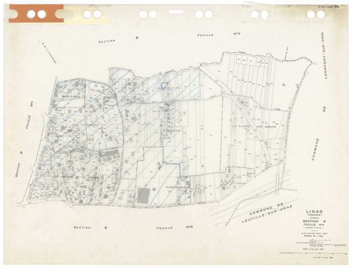 LINAS, plans minutes de conservation : tableau d'assemblage,1947, Ech. 1/10000 ; plans des sections A1, A2, A3, B3, B4, C1, 1947, Ech. 1/1250, section D1, 1947, Ech. 1/2500, section D2, 1947, Ech. 1/5000, sections AA, AB, AC, AD, AE, AH, 1999, Ech. 1/1000