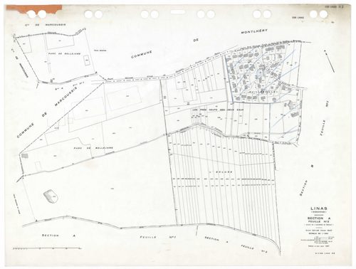 LINAS, plans minutes de conservation : tableau d'assemblage,1947, Ech. 1/10000 ; plans des sections A1, A2, A3, B3, B4, C1, 1947, Ech. 1/1250, section D1, 1947, Ech. 1/2500, section D2, 1947, Ech. 1/5000, sections AA, AB, AC, AD, AE, AH, 1999, Ech. 1/1000