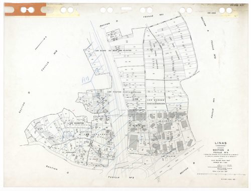 LINAS, plans minutes de conservation : tableau d'assemblage,1947, Ech. 1/10000 ; plans des sections A1, A2, A3, B3, B4, C1, 1947, Ech. 1/1250, section D1, 1947, Ech. 1/2500, section D2, 1947, Ech. 1/5000, sections AA, AB, AC, AD, AE, AH, 1999, Ech. 1/1000