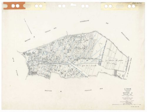 LINAS, plans minutes de conservation : tableau d'assemblage,1947, Ech. 1/10000 ; plans des sections A1, A2, A3, B3, B4, C1, 1947, Ech. 1/1250, section D1, 1947, Ech. 1/2500, section D2, 1947, Ech. 1/5000, sections AA, AB, AC, AD, AE, AH, 1999, Ech. 1/1000