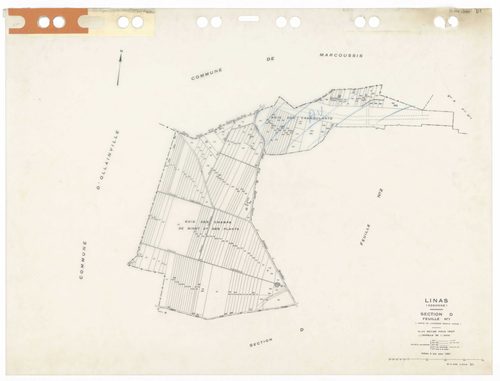 LINAS, plans minutes de conservation : tableau d'assemblage,1947, Ech. 1/10000 ; plans des sections A1, A2, A3, B3, B4, C1, 1947, Ech. 1/1250, section D1, 1947, Ech. 1/2500, section D2, 1947, Ech. 1/5000, sections AA, AB, AC, AD, AE, AH, 1999, Ech. 1/1000