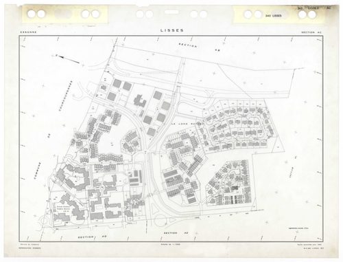 LISSES, plans minutes de conservation : tableau d'assemblage,1934, Ech. 1/10000, tableau d'assemblage 1,1934, Ech. 1/5000, tableau d'assemblage 2, 1934, Ech. 1/5000 ; plans des sections C1, D1, D2, E2, E3, 1934, Ech. 1/2500, sections B1, B2, D3, D4, 1934,