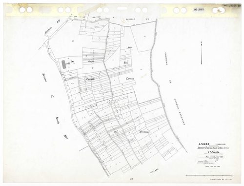 LISSES, plans minutes de conservation : tableau d'assemblage,1934, Ech. 1/10000, tableau d'assemblage 1,1934, Ech. 1/5000, tableau d'assemblage 2, 1934, Ech. 1/5000 ; plans des sections C1, D1, D2, E2, E3, 1934, Ech. 1/2500, sections B1, B2, D3, D4, 1934,