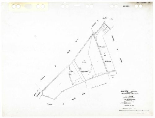 LISSES, plans minutes de conservation : tableau d'assemblage,1934, Ech. 1/10000, tableau d'assemblage 1,1934, Ech. 1/5000, tableau d'assemblage 2, 1934, Ech. 1/5000 ; plans des sections C1, D1, D2, E2, E3, 1934, Ech. 1/2500, sections B1, B2, D3, D4, 1934,