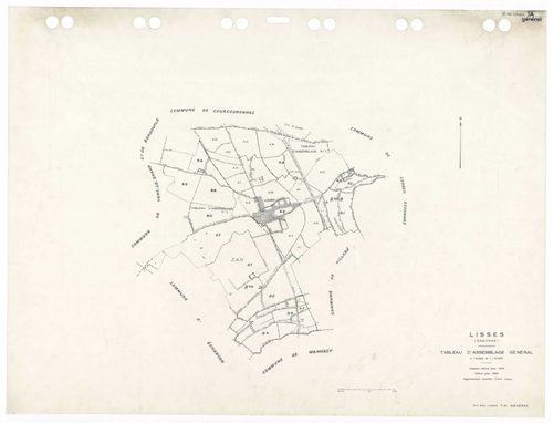 LISSES, plans minutes de conservation : tableau d'assemblage,1934, Ech. 1/10000, tableau d'assemblage 1,1934, Ech. 1/5000, tableau d'assemblage 2, 1934, Ech. 1/5000 ; plans des sections C1, D1, D2, E2, E3, 1934, Ech. 1/2500, sections B1, B2, D3, D4, 1934,