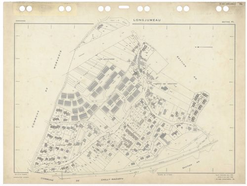 LONGJUMEAU, plans minutes de conservation : tableau d'assemblage,1966, Ech. 1/5000 ; plans des sections ZI, 1953, Ech. 1/2000, section Z2, 1979, Ech. 1/1000, sections AB, AC, AD, AE, AH, AI, AKa, AL, AM, AN, AO, 1966, Ech. 1/1000, section AK, 1966, Ech. 1